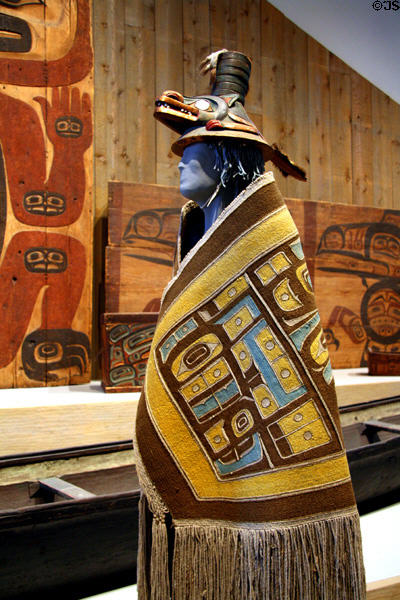 Tlingit carved wooden ceremonial hat (c1850) & robe (c1880) at Denver Art Museum. Denver, CO.