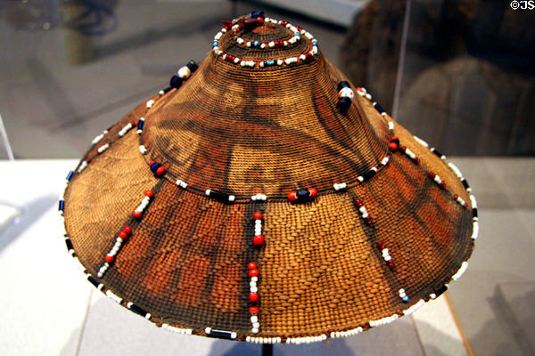 Yupik northwest coast woven root rain hat (c1840) at Denver Art Museum. Denver, CO.
