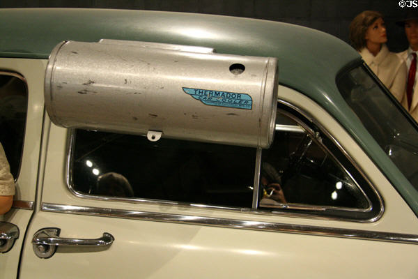 Thermador Car Cooler hung on window of 1950s car at Forney Museum. Denver, CO.