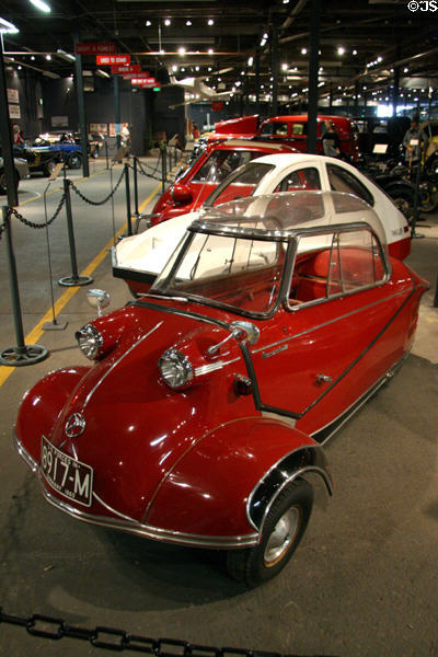 Messerschmitt KR-200 3-wheeled cabin scooter (1955) from Germany with WWII aircraft parts at Forney Museum. Denver, CO.