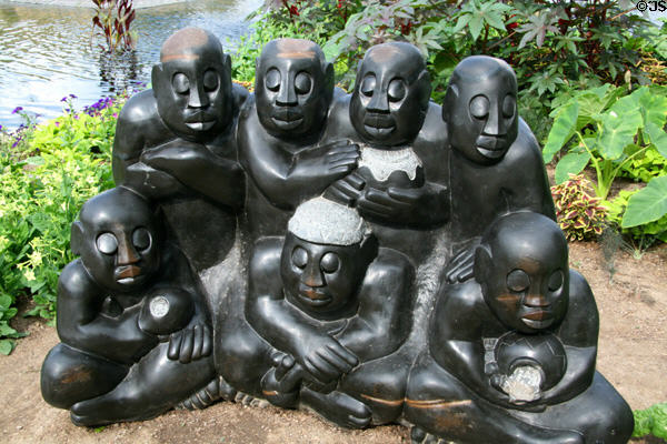 The Bira (elders gathering to pay respect to ancestral spirits) stone sculpture (1995) by Square Chickwanda of Zimbabwe at Denver Botanic Gardens. Denver, CO.