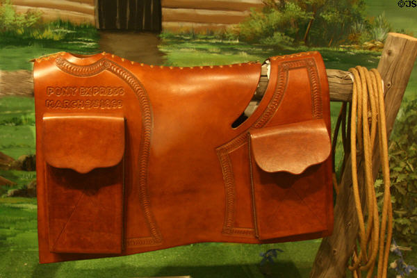 Pony Express Mochila saddle reproduction lacking locks as might be used in Wild West Show at Buffalo Bill Museum. Lookout Mountain, CO.
