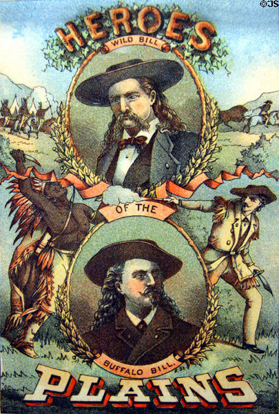 Heroes of the Plains frontpiece of book (1881) by J.W. Buel showing Wild Bill Hickock & Buffalo Bill at his Museum. Lookout Mountain, CO.
