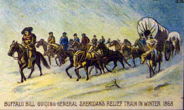 Buffalo Bill guiding General Sheridan's Relief Train in Winter 1868, on Cody Scenes of Life poster. CO.