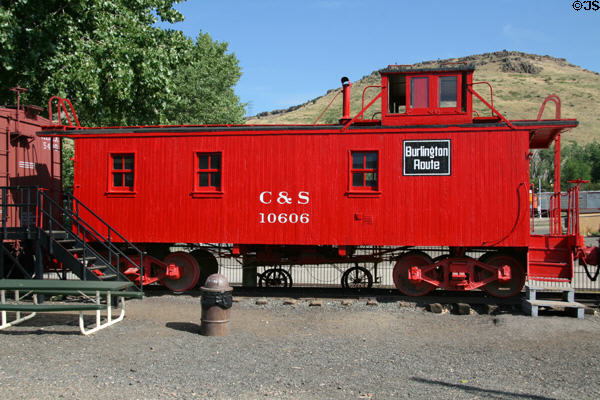 Burlington Route wooden caboose built (1944 on 1919 plan) at Colorado Railroad Museum. CO.
