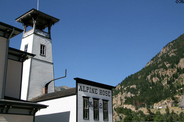 Alpine Hose No. 2 firehall (1874) (5th St.) against mountains. Georgetown, CO.