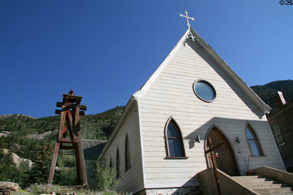 Wooden church at 845 Main Street with derrick bell tower. Silver Plume, CO. Style: Gothic Revival.