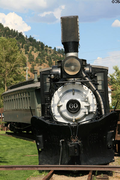 Colorado & Southern (C&S) steam locomotive #60 (1886) built by Rhode Island Locomotive Works at Idaho Springs City Hall. Idaho Springs, CO.