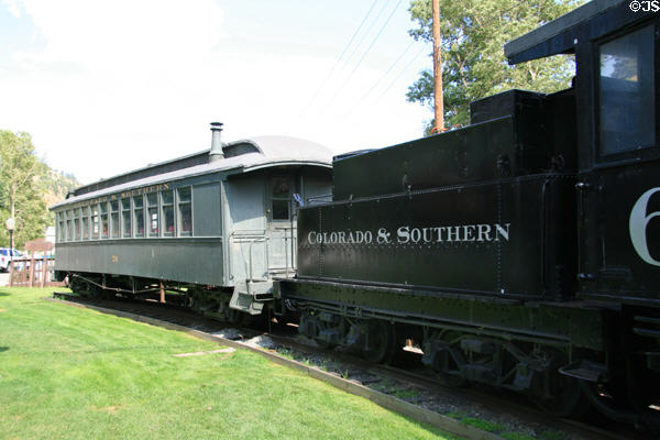 Colorado & Southern rail passenger coach #70 1896 built by St. Charles Coach Company at Idaho Springs City Hall. Idaho Springs, CO.