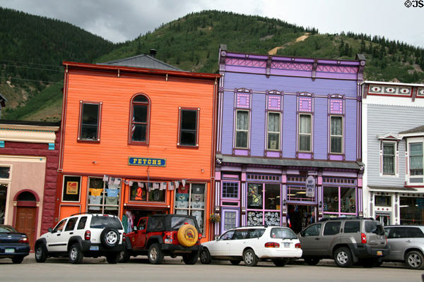 Thomas Blair building (1883) orange (1231 Greene St.) & purple St. Julien Restaurant building (1884) (1237 Greene St.). Silverton, CO.