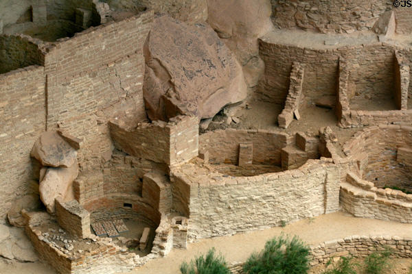 Stone walls forming living rooms & Kivas at Cliff Palace in Mesa Verde National Park. CO.