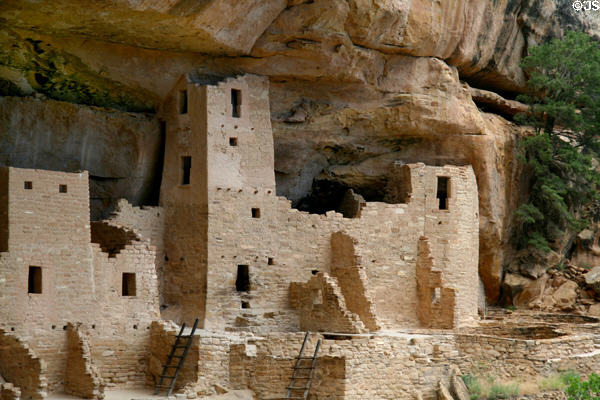 Four story tower under cave overhang at Cliff Palace in Mesa Verde National Park. CO.