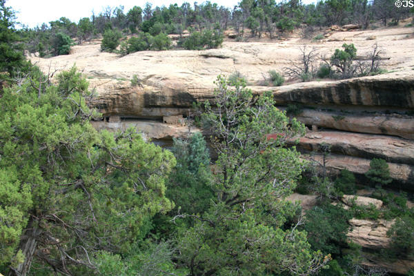 Rock formations with small stone houses beside Spruce Tree House in Mesa Verde National Park. CO.