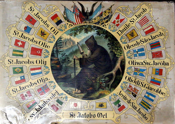 Poster for St. Jakobs Oel (oil) from Baltimore, MD in drug store at South Park City. Fairplay, CO.