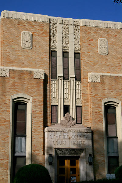 Art Deco stonework reliefs on Chaffee County Court House. Salida, CO.