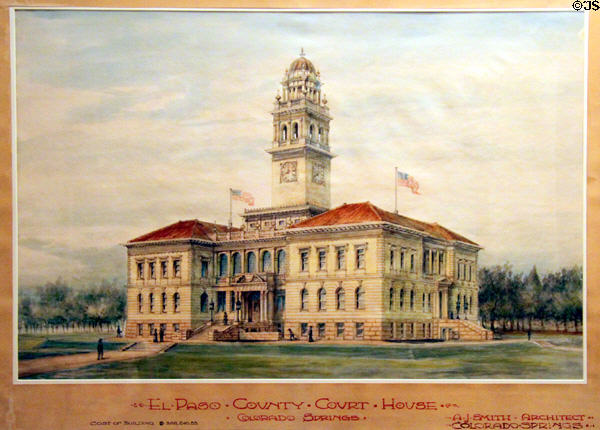 Watercolor (c1900) of El Paso County Court House at Colorado Springs Pioneers Museum. Colorado Springs, CO.