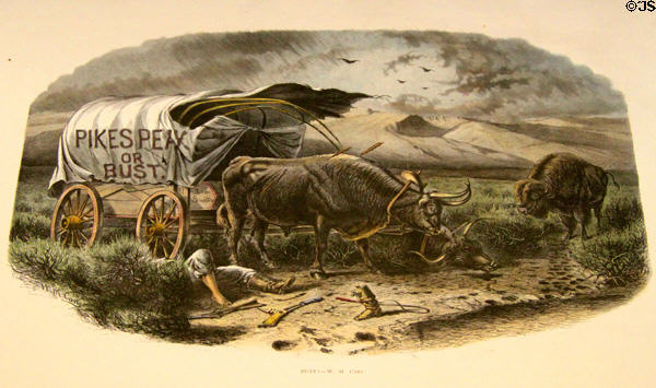 Bust graphic (1873) by W.M. Cary showing wagon written Pikes Peak or Bust at Colorado Springs Pioneers Museum. Colorado Springs, CO.