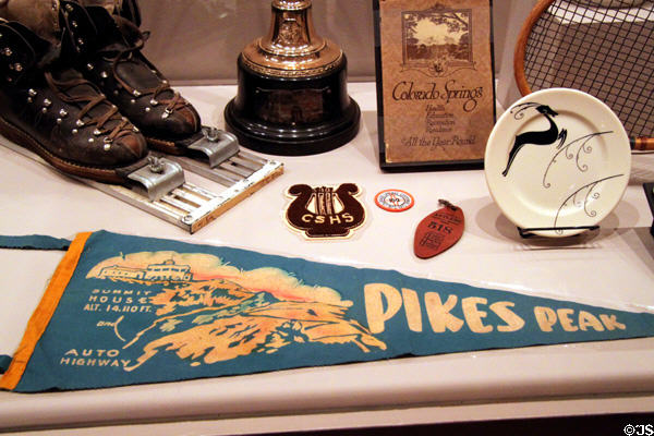 Pikes Peak pennant (c1935) & other souvenirs at Colorado Springs Pioneers Museum. Colorado Springs, CO.