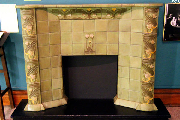 Fireplace mantle in Art Nouveau style (1909) by Van Briggle Pottery at Colorado Springs Pioneers Museum. Colorado Springs, CO.