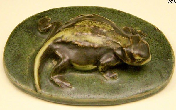 Ceramic frog on plaque by Van Briggle Pottery at Colorado Springs Pioneers Museum. Colorado Springs, CO.