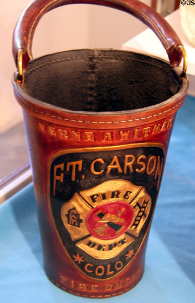 Leather fire bucket reproduction in fire museum at Miramont Castle. Manitou Springs, CO.