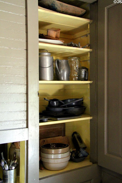 Kitchen pantry with dishes in Chambers Home at Rock Ledge Ranch Historic Site. Colorado Springs, CO.