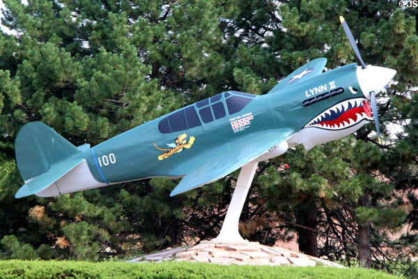 Curtiss P-40E Warhawk (1941) propeller fighter with Flying Tigers markings at Peterson Air & Space Museum. Colorado Springs, CO.