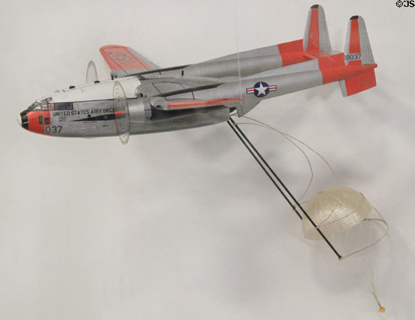 Model of C119 recovery plane used to snatch Corona satellite spy film exposed in space (1950-72) by 102 of 144 missions at Peterson Air & Space Museum. Colorado Springs, CO.