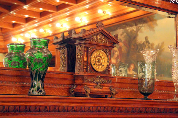 Dining room mantle with clock & glass vases at Rosemount House Museum. Pueblo, CO.
