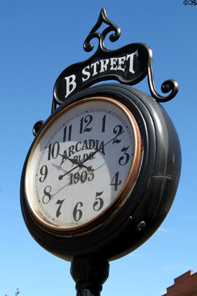 Street clock (1903) on corner of Arcadia Bldg. Pueblo, CO.