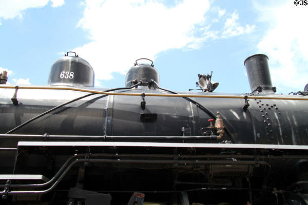 Bells & structures atop steam locomotive #638. Trinidad, CO.