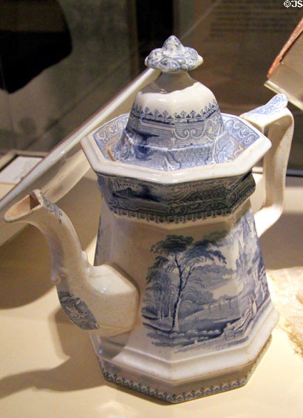 Ironstone pottery teapot in priory pattern (c1855) by E.C. Hallinor of England at Santa Fe Trail Museum. Trinidad, CO.