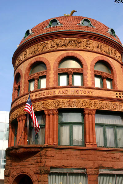Reddish decorations of domed tower on Barnum Museum. Bridgeport, CT.