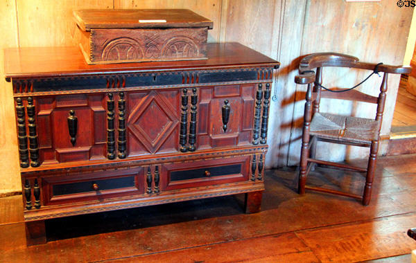 Desk box (aka Bible box) (c1660-1700) atop chest (1692) from Plymouth, MA at Henry Whitfield State Museum. Guilford, CT.