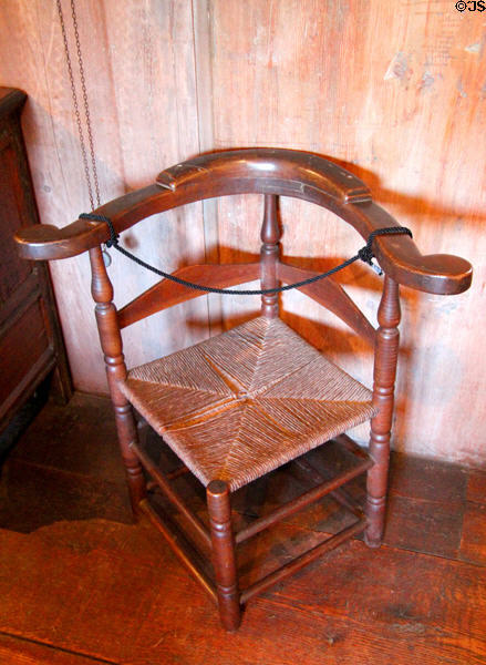 Corner chair (aka roundabout desk chair) (18thC) at Henry Whitfield State Museum. Guilford, CT.