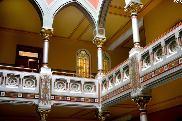 Painted balconies in skylight wells of Connecticut State Capitol. Hartford, CT.