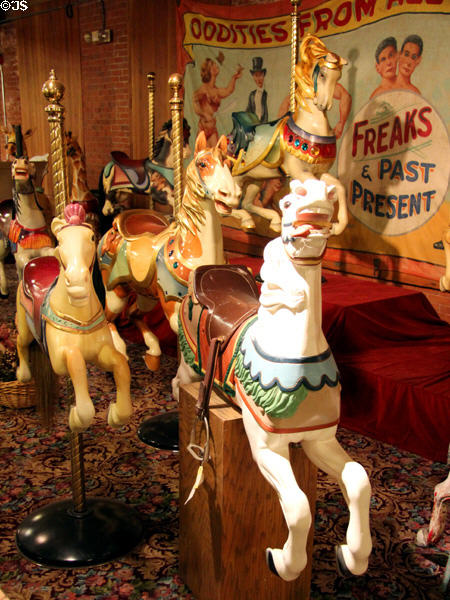 Variety of carved horses at New England Carousel Museum. Bristol, CT.