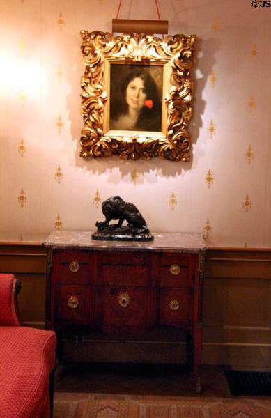 Head of a Woman painting (c1880s) by Eugène Carrière over sculpture by Antoine-Louis Barye (c1832) & French commode (c1760) at Hill-Stead Museum. Farmington, CT.
