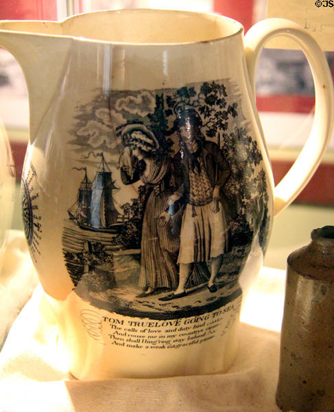 Tom Truelove Going to Sea creamware pitcher (1795-1818) made in England for American market at Stanley-Whitman House. Farmington, CT.