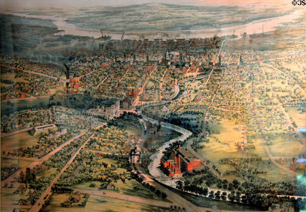 Graphic aerial view of city of Hartford (1864) at Butler-McCook House Museum. Hartford, CT.