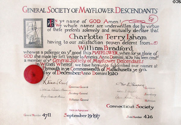 Charlotte Terry Isham's Mayflower Descendants certificate (1920) at Isham-Terry House Museum. Hartford, CT.