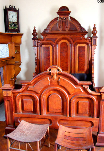 Massive carved bedstead in second guest bedroom at Isham-Terry House Museum. Hartford, CT.