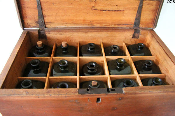 Liquor bottles & lock box at Nathan Hale Homestead Museum. Coventry, CT.