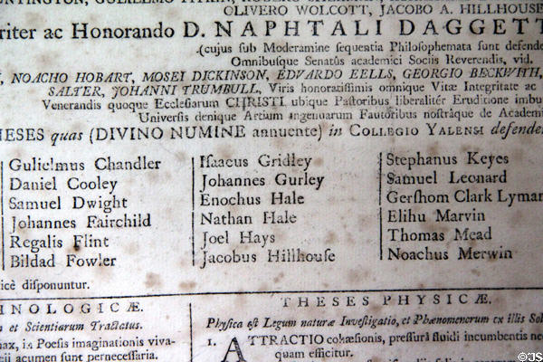 Broadside (1773) reporting graduating class of Yale including Nathan Hale at Nathan Hale Homestead Museum. Coventry, CT.