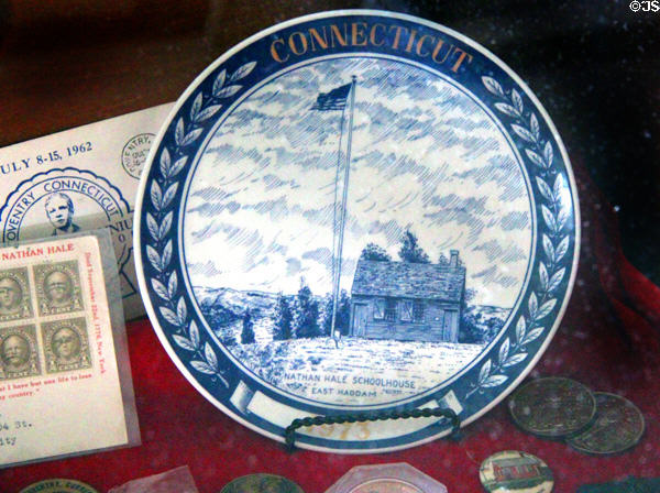 Commemorative plate features Nathan Hale Schoolhouse in East Haddam at Nathan Hale Homestead Museum. Coventry, CT.