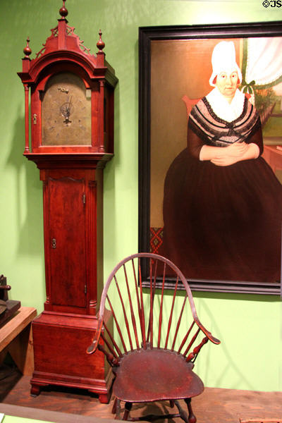 Tall clock (1780-1800) by Daniel Burnap, chair (c1800), & Portrait of Mrs. Eldredge (1795) by John Brewster, Jr. at Connecticut Historical Society. Hartford, CT.