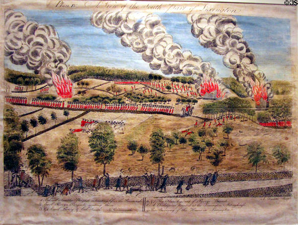 Engraving of South Part of Lexington battle (1775) by Amos Doolittle from eye-witness accounts at Connecticut Historical Society. Hartford, CT.