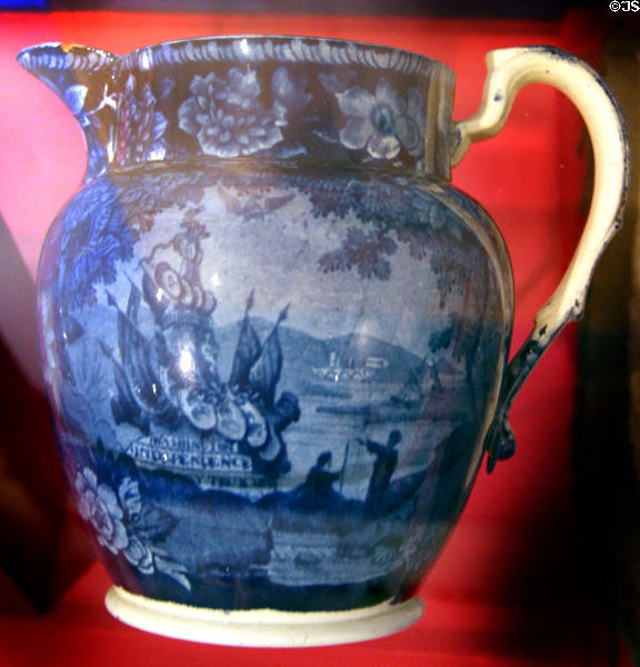Earthenware commemorative pitcher showing George Washington's monument (1820-40) from Staffordshire, England at Connecticut Historical Society. Hartford, CT.