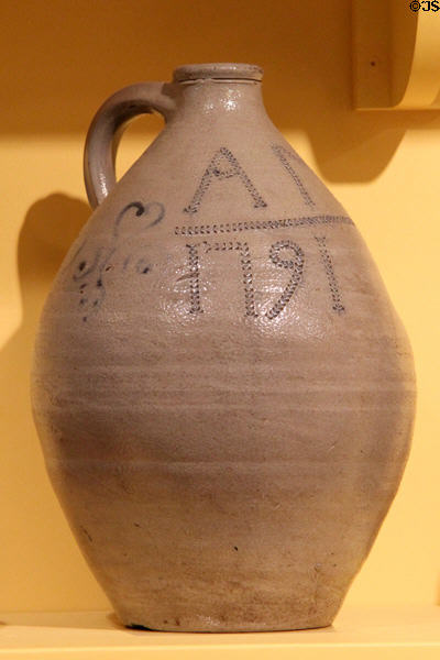 Salt-glazed jug with cobalt blue decoration (1791) by Abraham Mead of Greenwich, CT at Connecticut Historical Society. Hartford, CT.