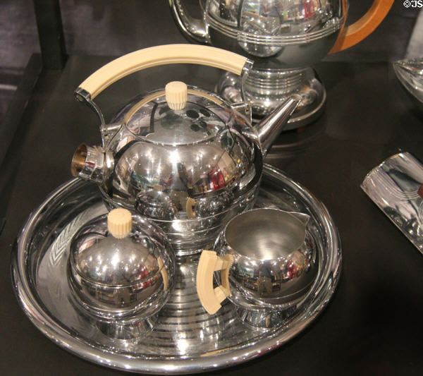 Chromed electric pot, sugar, creamer & tray set by Chase Brass & Copper Co. of Waterbury, CT at Connecticut Historical Society. Hartford, CT.